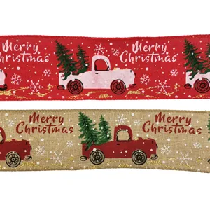 Christmas burlap ribbon with red truck print, 6.4cm wide, ideal holiday gift wrapping and decor.