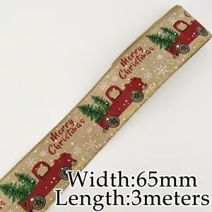 Christmas burlap ribbon with red truck and tree pattern, 65mm wide and 3 meters long for decor.
