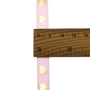 Nastro rosa con cuori dorati, nastro in raso largo 1 cm per confezioni regalo fai da te