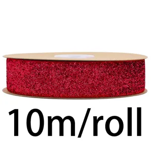 Red glitter flocked ribbon detail, 2.5cm width, 10 meters per roll for gift wrapping.