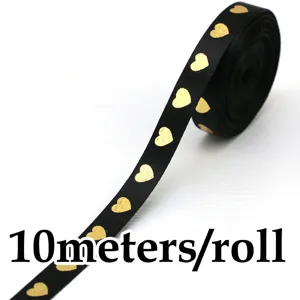 Nastro nero con stampa cuori d'oro 10 metri per rotolo per confezioni regalo e fai da te.