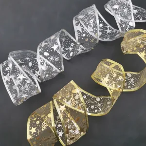 5cm sheer organza wired ribbon for Christmas gift wrapping, sparkling gold and silver stars.