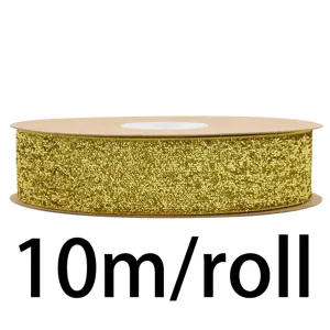 Gold glitter flocked ribbon roll detail view showing sparkly texture and 10m length.