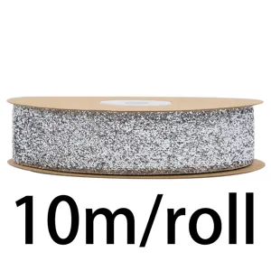 2.5cm silver glitter flocked ribbon roll 10m long for gift wrapping, bows and craft decoration.