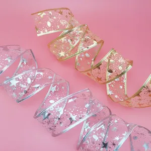 5cm sheer wired ribbon with gold and silver edges, perfect for Christmas and gift wrapping decor.