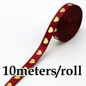 Nastro di raso rosso con stampa a cuori d'oro, larghezza 1cm, 10 metri per rotolo regalo.