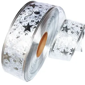 Detail view of transparent sheer ribbon with silver star pattern and wired edge for gifts.