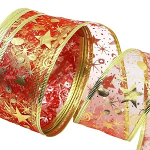 Christmas sheer ribbon with wired edge and gold star print for gift wrapping 5cm detail