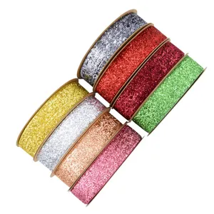 Colorful glitter ribbon rolls for gift wrapping, crafts, and bow making decorations.