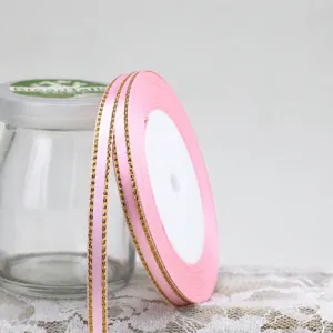 Pink satin ribbon with gold edge 6mm for gift wrapping bow cake tying and wedding decor crafts