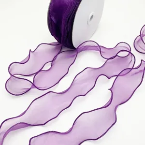 Detailed view of the purple organza ribbon showing fine edge stitching and sheer texture.