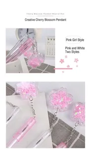 Close-up detail of cute cherry blossom pendant neutral pens with pink glitter sequins