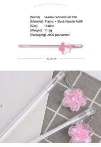 Creative pink gel pen with cherry blossom quicksand pendant and glitter for students