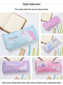 Auswahl an bunten Einhorn-Federmäppchen aus PU in fünf verschiedenen Pastell-Designs