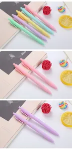 Detail view of colorful macaron retractable gel pens in pink and lavender pastel tones