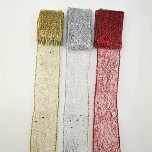 5cm hollow shiny mesh ribbons in gold silver red for wedding Christmas gift wrapping crafts.