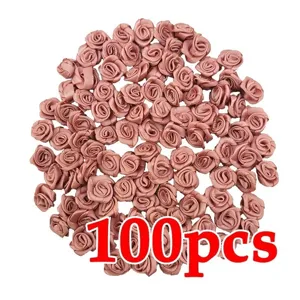 100pcs 1cm mini flores de rosa de cinta de saten rosa tela bricolaje boda fiesta decor