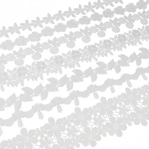 White water-soluble lace ribbon trim for DIY sewing, floral embroidery crafts and clothing.
