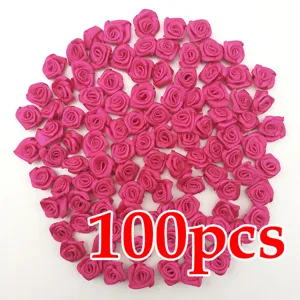 100pcs mini rosas de cinta de satén rosa carne flores artificiales para boda fiesta decor.