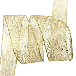 Golden glitter mesh ribbon 5cm wide, perfect for Christmas wedding decoration and gift wrapping crafts.
