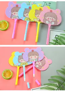Detail view of cute cartoon girl fan pens with colorful illustrations and floral accents