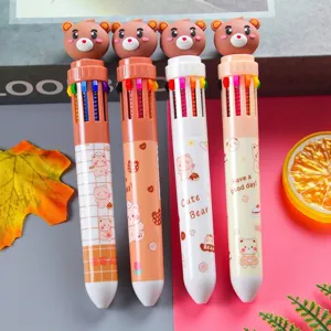 Stylo à Bille Rétractable 10 Couleurs Ours Dessin Animé Fournitures Scolaires Mignonnes Outil d'Écriture et de Dessin