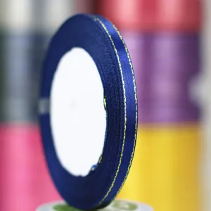 Dark blue satin ribbon with gold edge 6mm for gift box wrapping bow and cake decoration