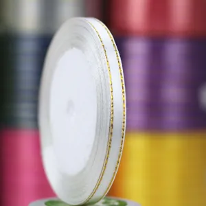 White ribbon with gold edge 6mm satin ribbon for gift packaging bow cake binding 22 meters