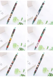 Detailed macro view showing six different designs of Happy Bus theme retractable gel pens
