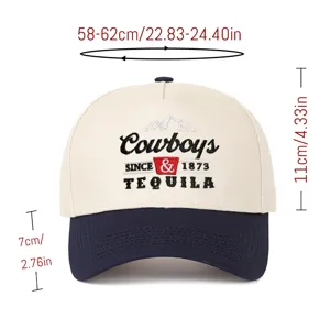 Detailed size specifications for the Cowboys and Tequila embroidered baseball cap.