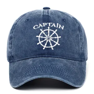 Front view of vintage washed navy blue baseball cap with white Captain embroidery