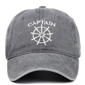 Front view of vintage washed gray baseball cap with white Captain embroidery