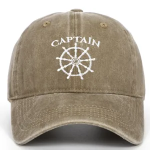 Front detail of vintage washed khaki baseball cap with white Captain embroidery