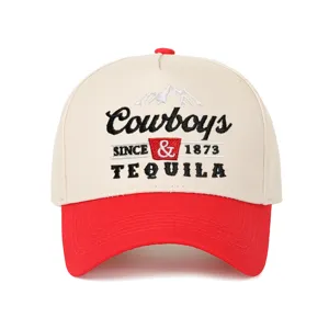 Front view of beige and red trucker hat with Cowboys and Tequila embroidery design