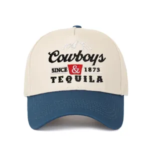 Detail view of Cowboys and Tequila embroidery on retro color-block baseball cap