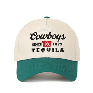 Detailed view of Cowboys and Tequila embroidery on two-tone cream and green baseball cap