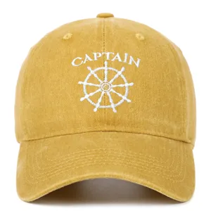 Front view of yellow washed baseball cap with white Captain embroidery