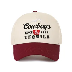 Detail view of cream and burgundy baseball cap with Cowboys and Tequila embroidery