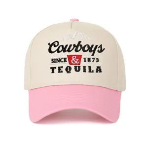 Two-tone beige and pink baseball cap with detailed 'Cowboys & Tequila' mountain embroidery