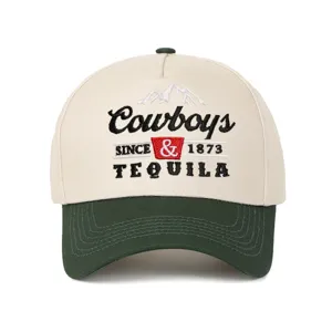 Detail view of the "Cowboys & Tequila" embroidery on a two-tone 5-panel baseball cap.