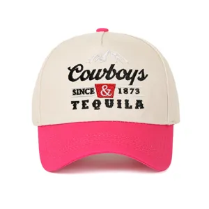 Detailed front view of Cowboys and Tequila embroidered beige and pink five-panel trucker hat