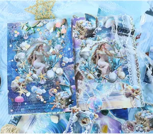 Oceaan zeemeermin thema junk journal notitieboek en briefpapier set met decoratieve stickers.