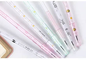 Detailed view of cute transparent gel pens featuring glitter and cartoon animal designs