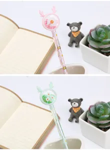 Close-up of cute sequin gel pens with reindeer antlers and daisy designs in pink and green.