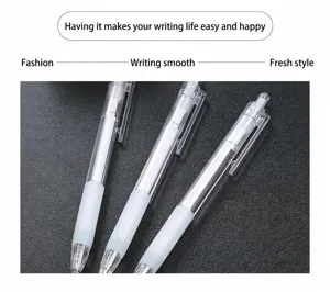 Close-up detail showing the transparent barrel and push button of minimalist gel pens.