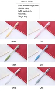 Specifiche dettagliate e opzioni di colore per penne gel a scatto stile Morandi.