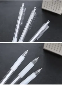 Detailed macro shots of transparent 0.5mm retractable black gel pens for office and school
