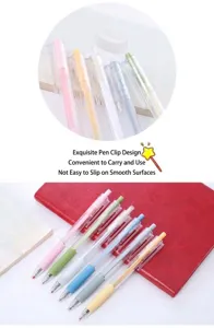 Dettaglio del design della clip e delle penne gel a scatto in vari colori Morandi.