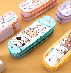 Multi-color double-layer large capacity canvas pencil case with cute animal prints