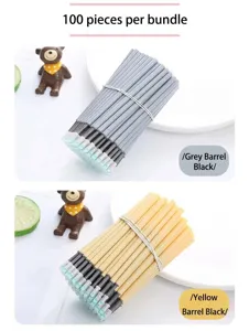 Close-up of 100-piece bundles containing gray and yellow barrel black gel pen refills